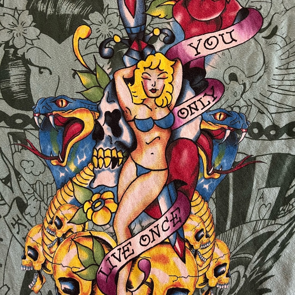 Ed Hardy Green Graphic Short Sleeve Tee with Multicolor Tattoo Print - Picture 11 of 12